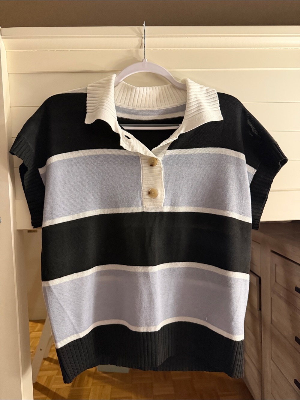 Womens’ Striped Polo Sweater Top - Black, White & Blue